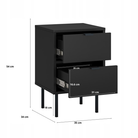 Szafka nocna stolik mała 2 szuflady czarny metalowe nogi